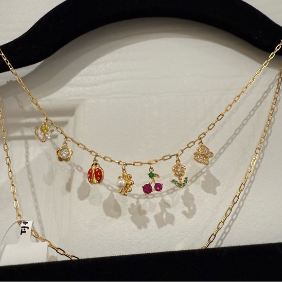 Rachel Zoe Gold Charm Necklace with Cherry, Ladybug and Flower Charms NWT - Picture 1 of 9